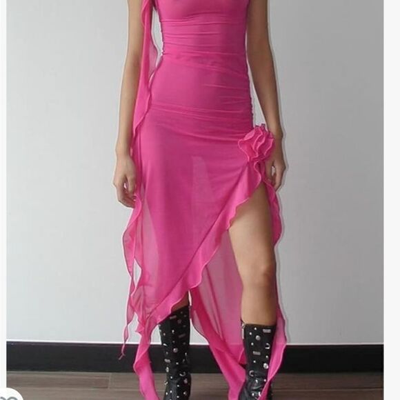 Women 3D Flower Irregular Ruffle Dress Y2k Sleeveless Split Long Dress LARGE - Picture 4 of 16